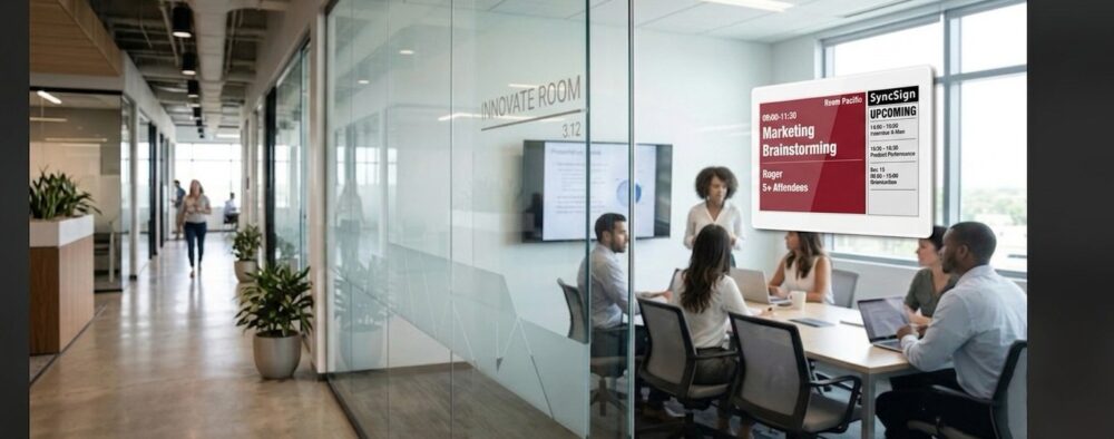SyncSign e-paper meeting room display mounted on a glass meeting room wall