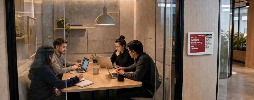 Modern small meeting room with SyncSign 7.5-inch Microsoft 365 room display
