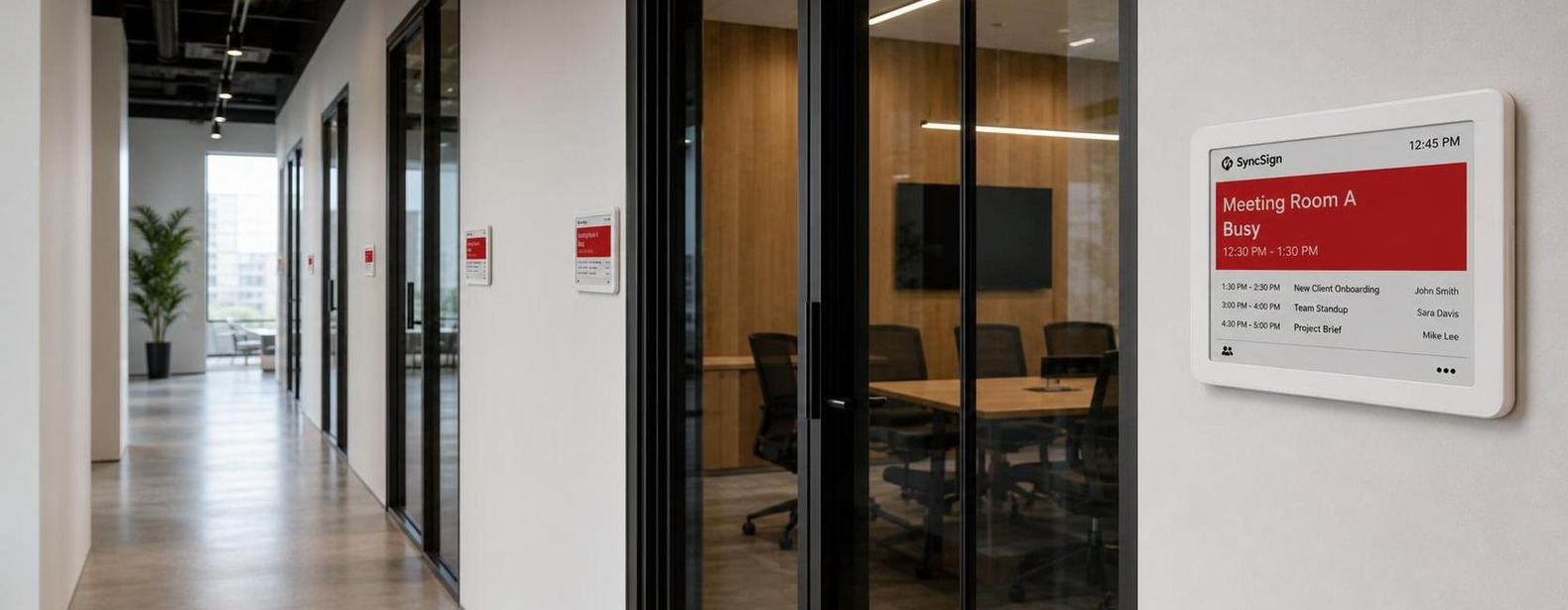 SyncSign 7.5-inch e-paper meeting room displays installed along an office corridor