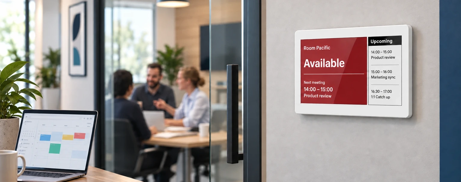 Google Workspace meeting room with SyncSign 7.5-inch room display and calendar booking screen
