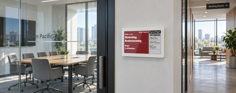 SyncSign 7.5-inch meeting room display outside a bright glass conference room