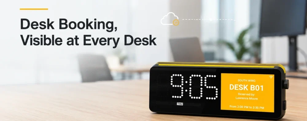 SyncSign Hot Desking Signage showing booking status at a shared desk